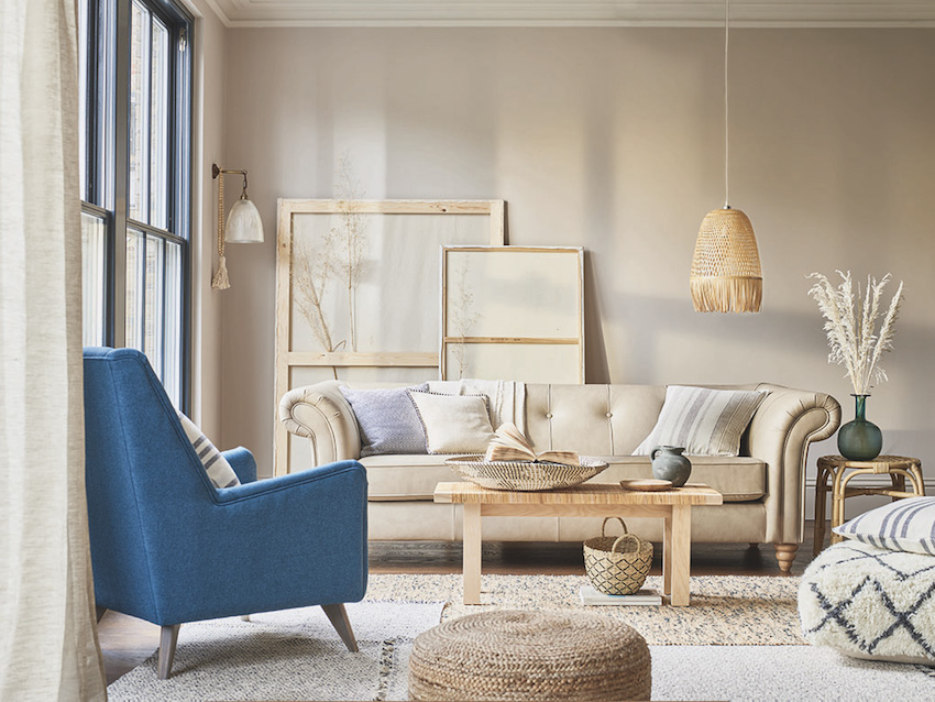 9 Perfect Pairings - Living Room Trends with DFS - Summer 2020 - DFS Charme four-seater sofa & DFS Peace Accent chair in blue weave