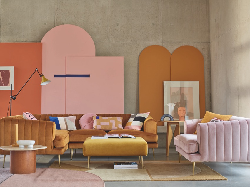 9 Perfect Pairings - Living Room Trends with DFS - Summer 2020 - DFS Enchanted corner sofa in cinnamon velvet, blush cuddler & footstool vintage mustard