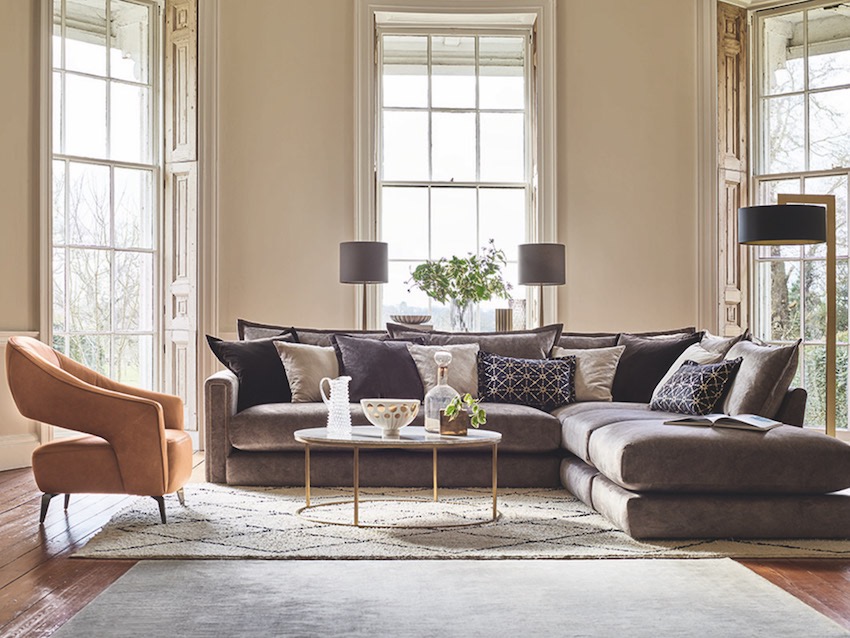 9 Perfect Pairings - Living Room Trends with DFS - Summer 2020 - DFS Indulgence four-piece corner in chocolate combination & Arc Accent Chair in Grand Sovereign Leather