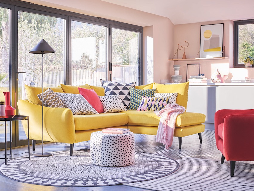 9 Perfect Pairings - Living Room Trends with DFS - Summer 2020 - DFS Yoko Corner Sofa in honey velvet, Armchair in Coral Velvet & Pattern Round Footstool