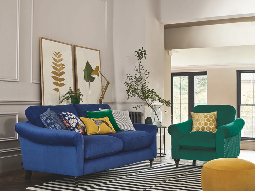 9 Perfect Pairings - Living Room Trends with DFS - Summer 2020 - Joules Ashwicke exclusive at DFS 3 seater sofa, chair & footstool