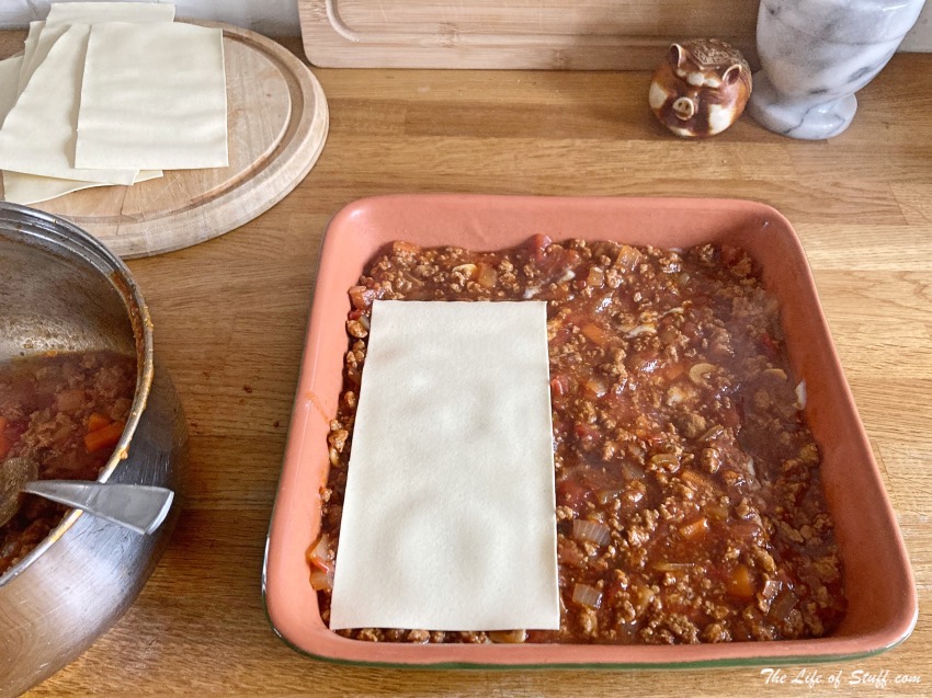 A Moreish Meaty or Meaty Meat-Free Lasagne Recipe - build lasagne - add another layer of pasta sheets