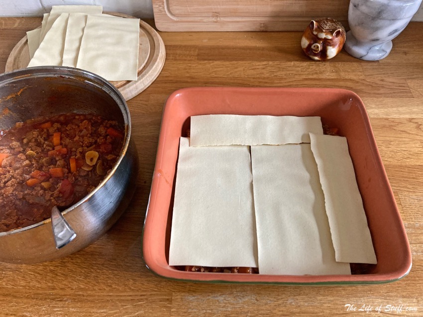 A Moreish Meaty or Meaty Meat-Free Lasagne Recipe - build lasagne - pasta sheets next